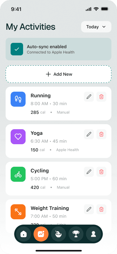 Activities list showing running, yoga, cycling, and weight training