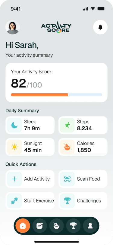 ActivityScore home dashboard showing activity score of 82 out of 100